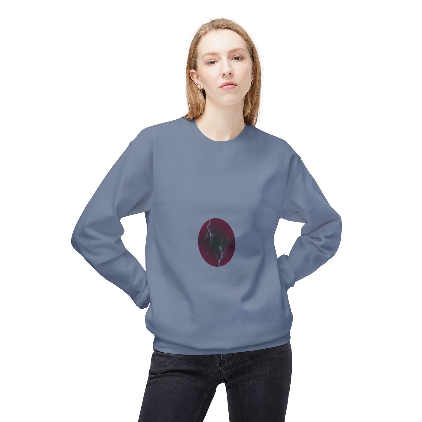 Cosmic Current Crewneck Sweatshirt — Minimal Dark Moon Oval Graphic