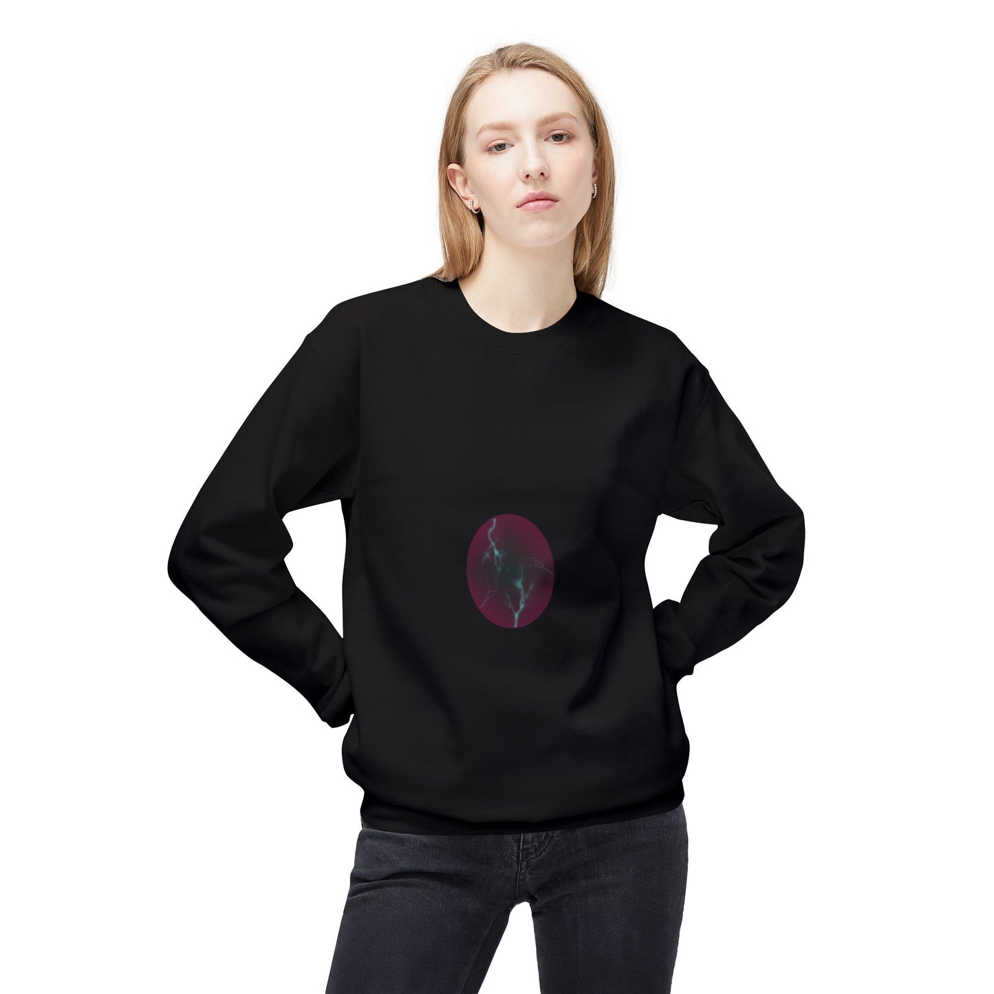 Cosmic Current Crewneck Sweatshirt — Minimal Dark Moon Oval Graphic