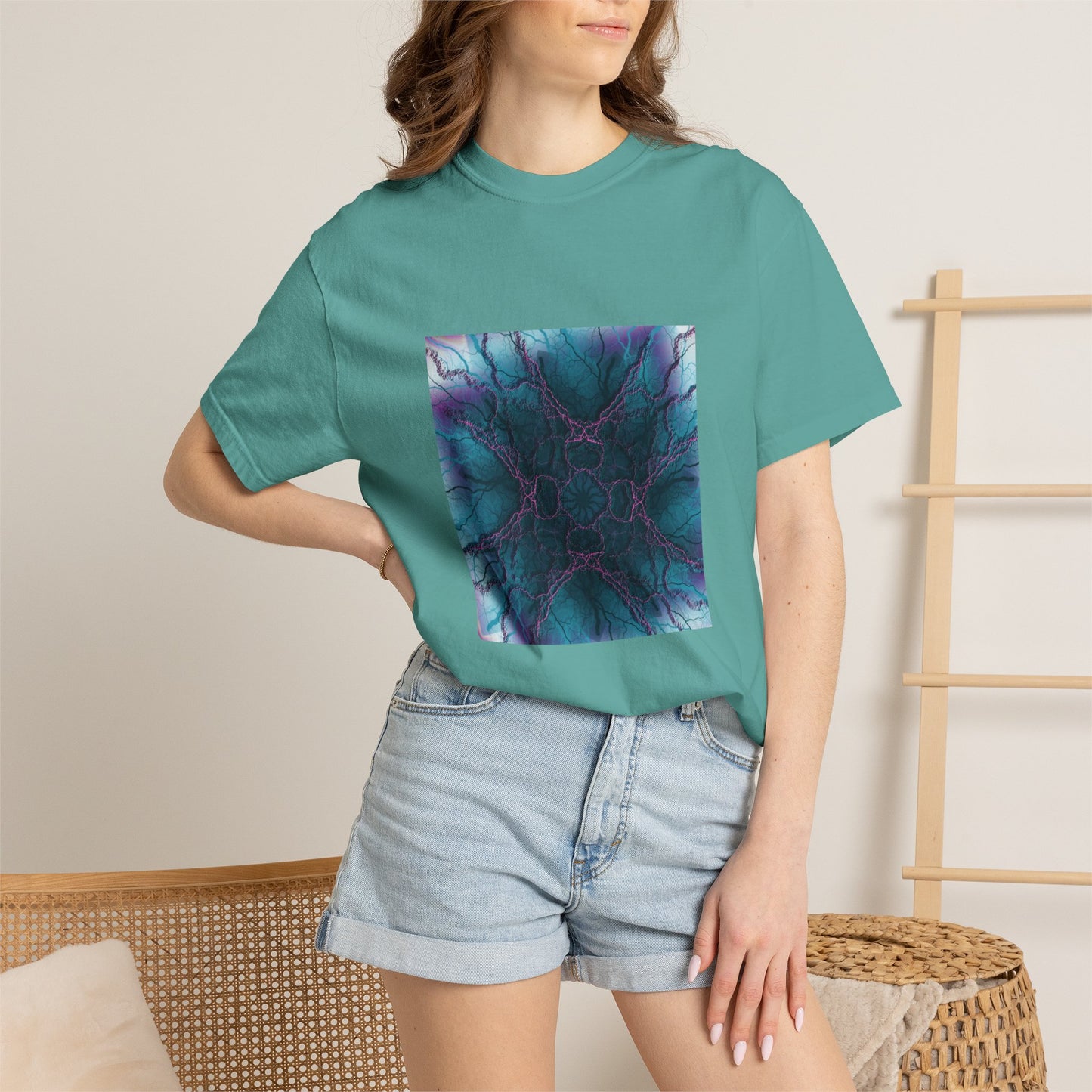 Mystic Bloom Tee — Teal & Purple Geometric Art T-Shirt