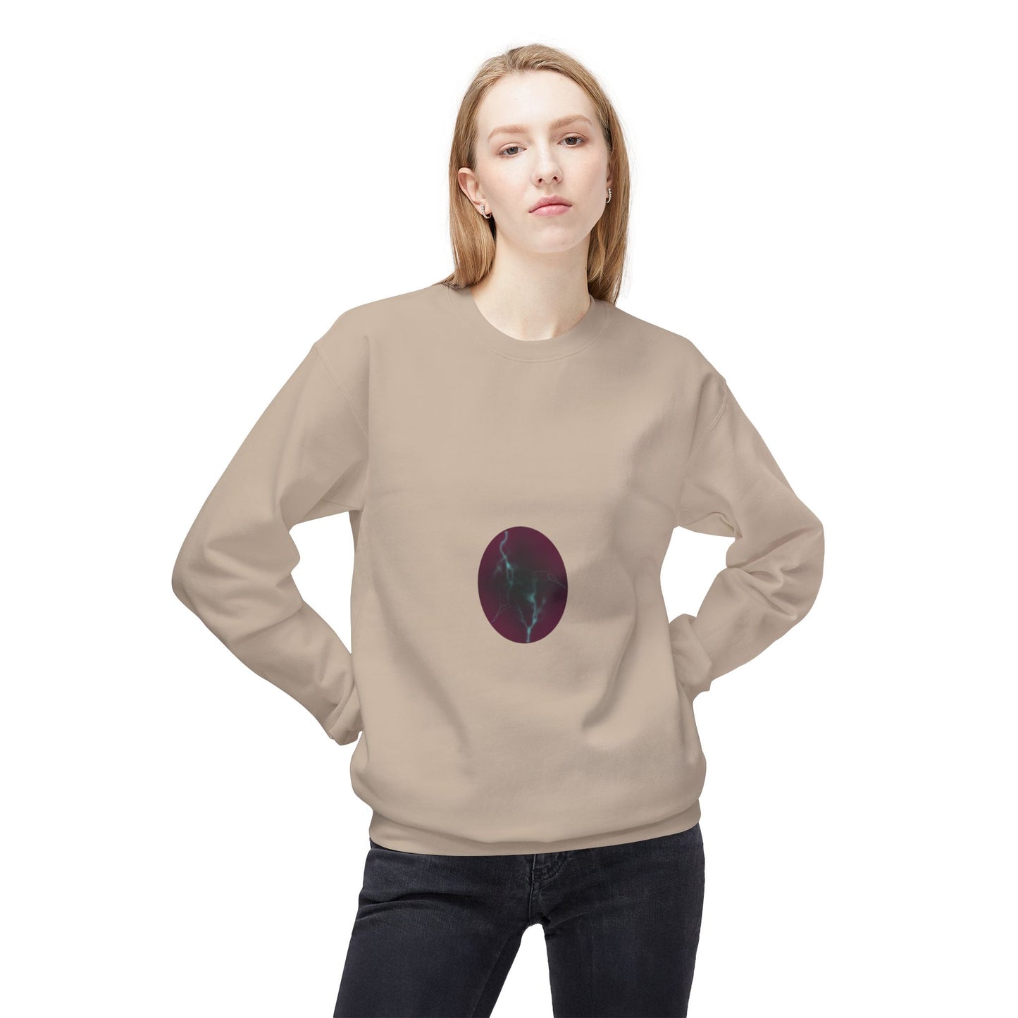 Cosmic Current Crewneck Sweatshirt — Minimal Dark Moon Oval Graphic