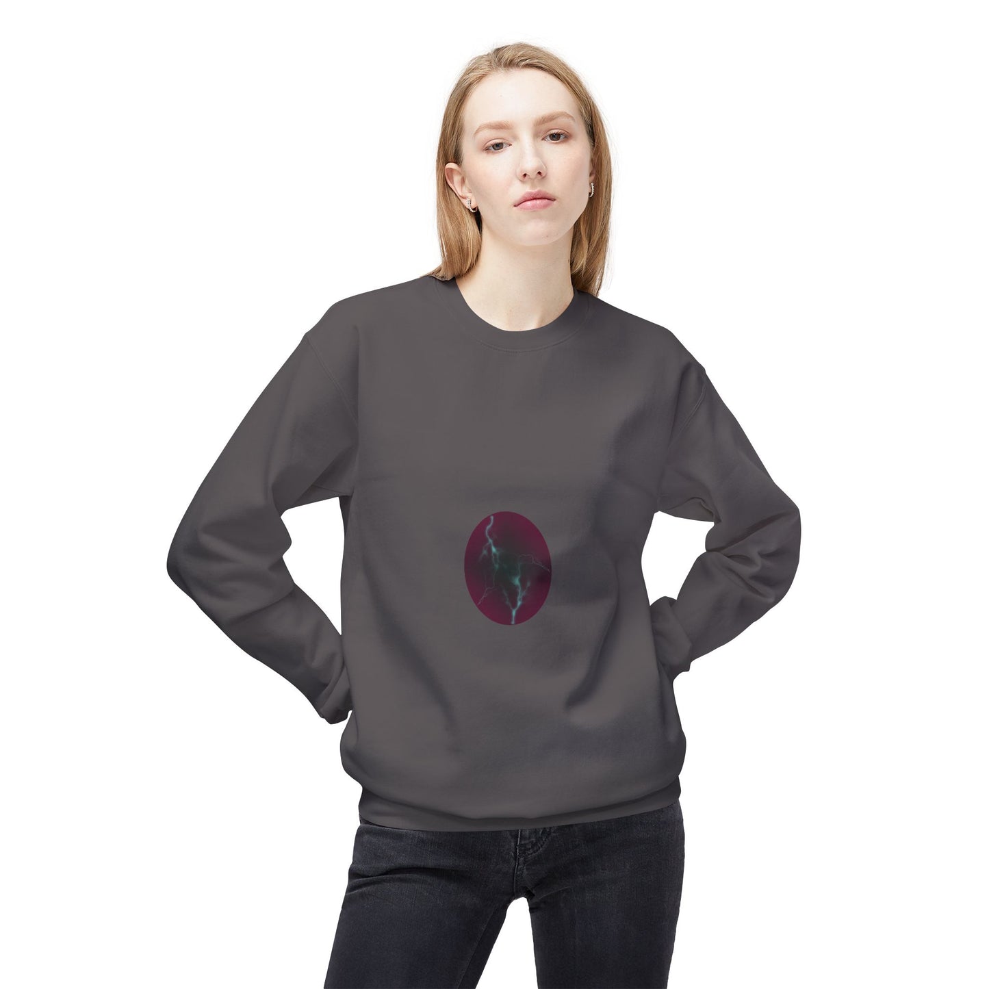 Cosmic Current Crewneck Sweatshirt — Minimal Dark Moon Oval Graphic