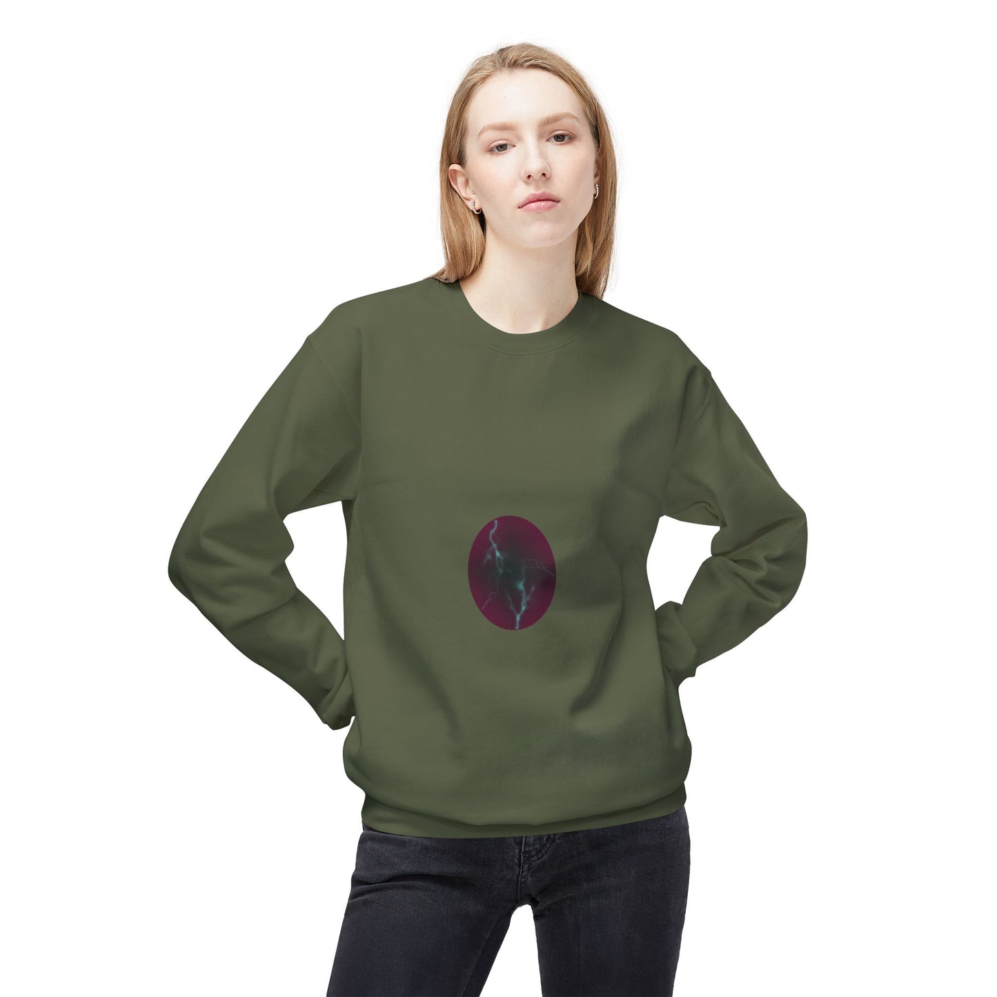 Cosmic Current Crewneck Sweatshirt — Minimal Dark Moon Oval Graphic