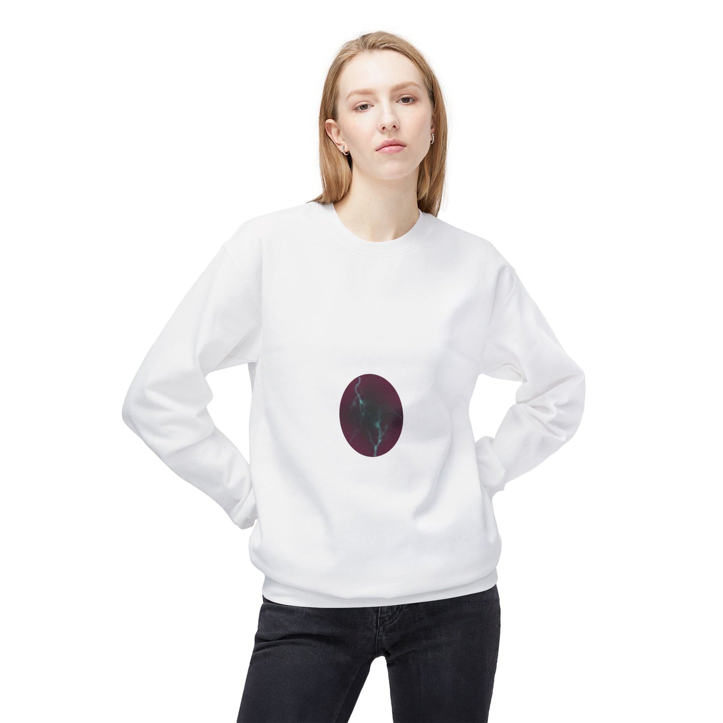 Cosmic Current Crewneck Sweatshirt — Minimal Dark Moon Oval Graphic