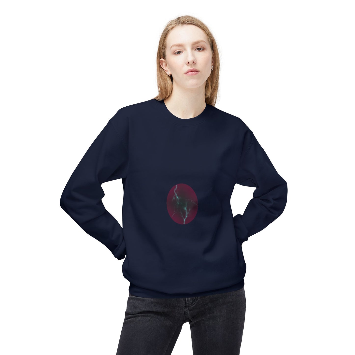 Cosmic Current Crewneck Sweatshirt — Minimal Dark Moon Oval Graphic