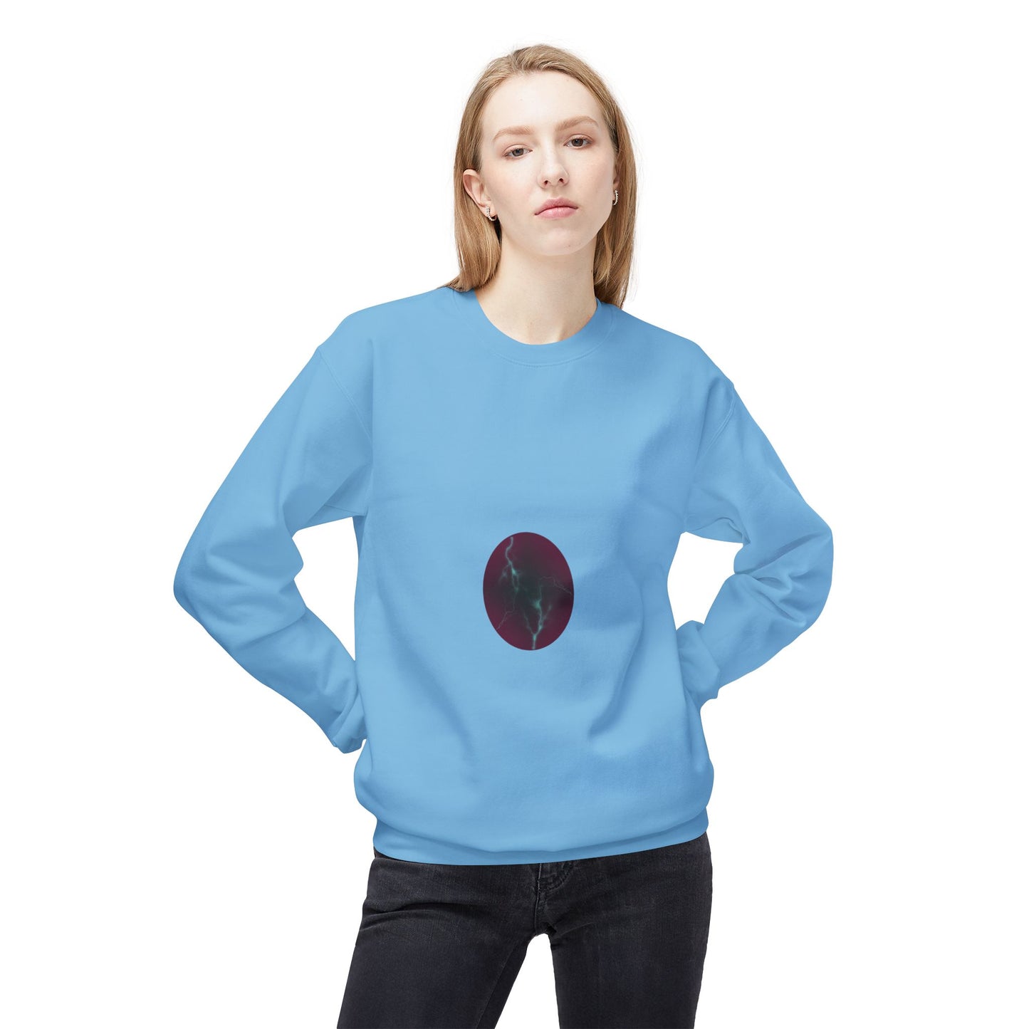 Cosmic Current Crewneck Sweatshirt — Minimal Dark Moon Oval Graphic
